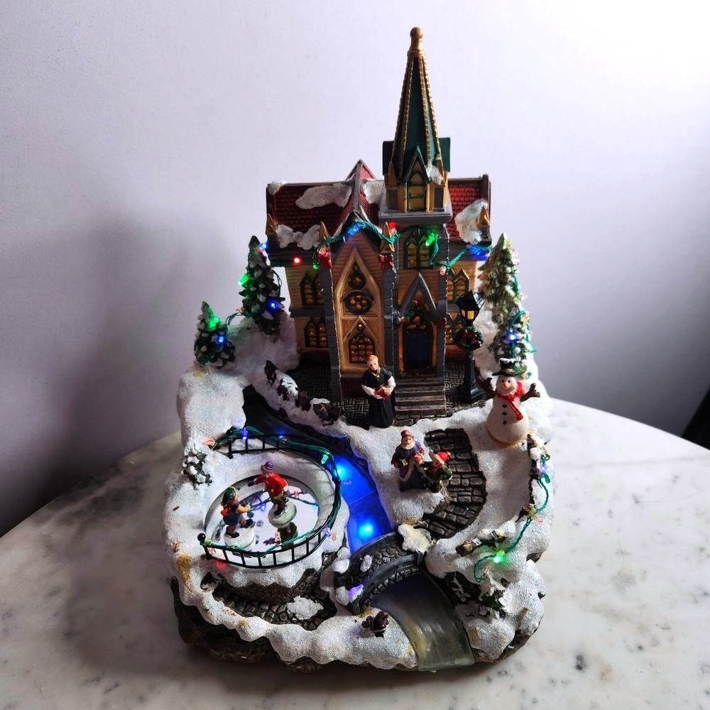 Trim A Home Animated Church Christmas Village LED Lighted Skaters Winter Scene